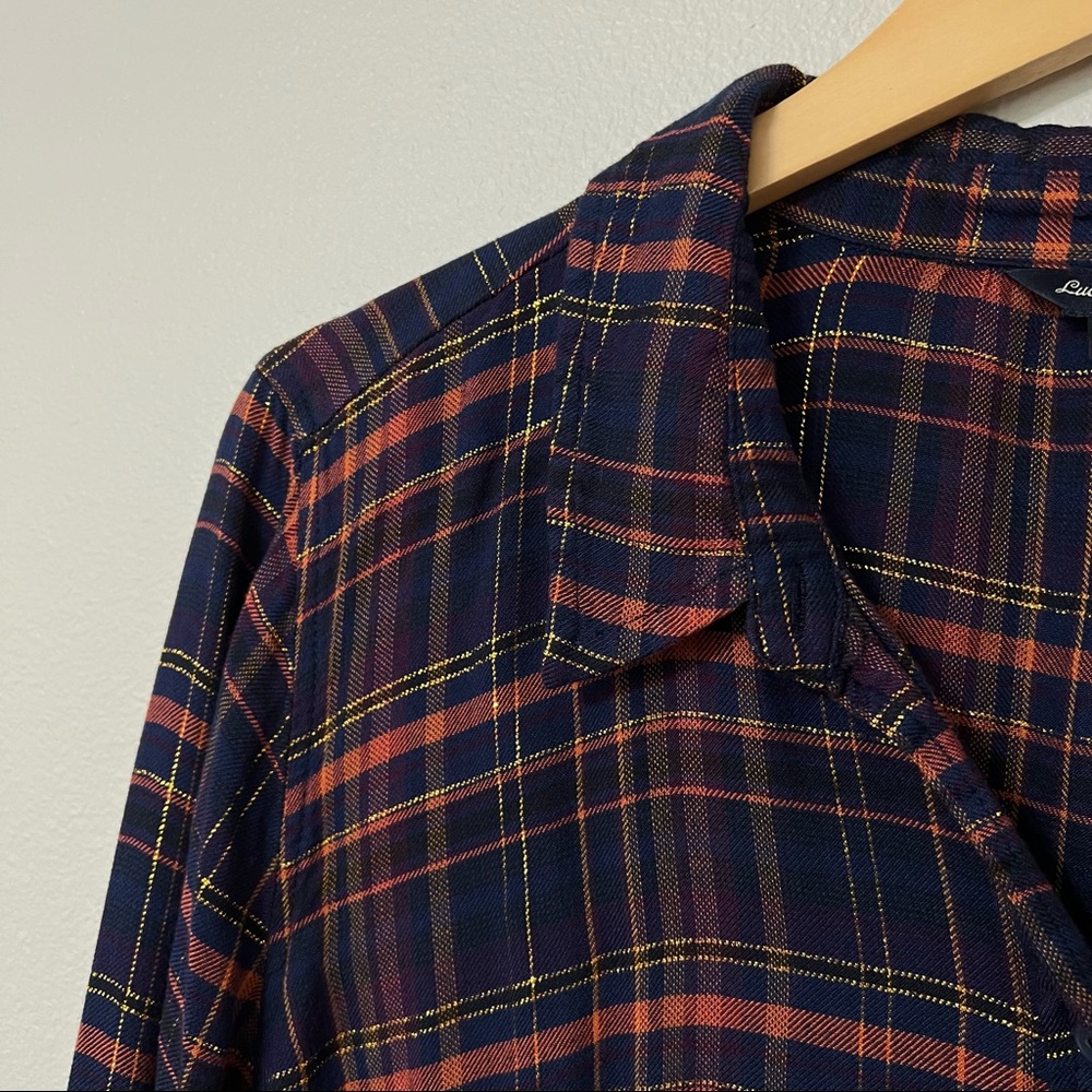 Lucky Brand Navy and Red Plaid Top with metallic gold threads #sh0073 - Picture 5 of 11
